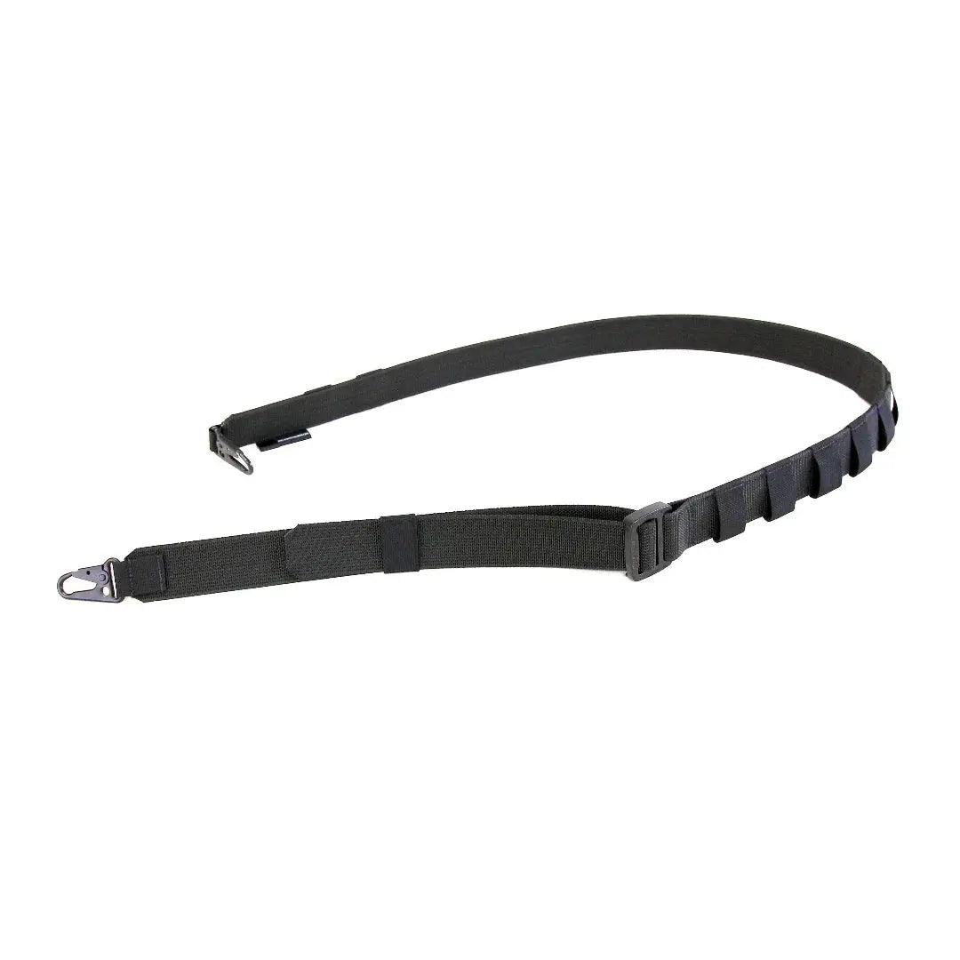 Black nylon firefighter radio strap with metal hooks and adjustable webbing.
