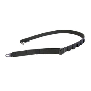 Black nylon firefighter radio strap with metal hooks and adjustable webbing.