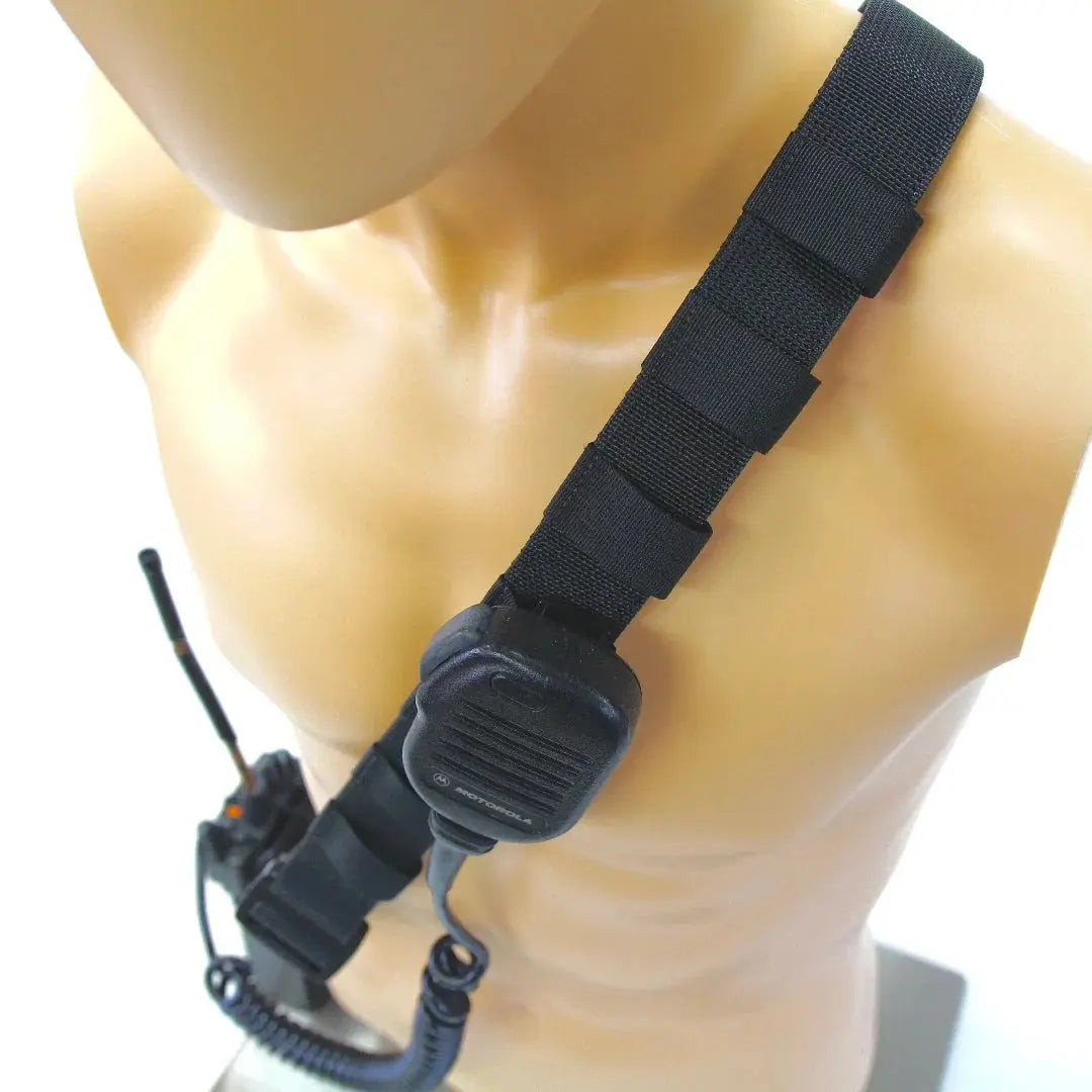 Black nylon firefighter radio strap with microphone on a mannequin.