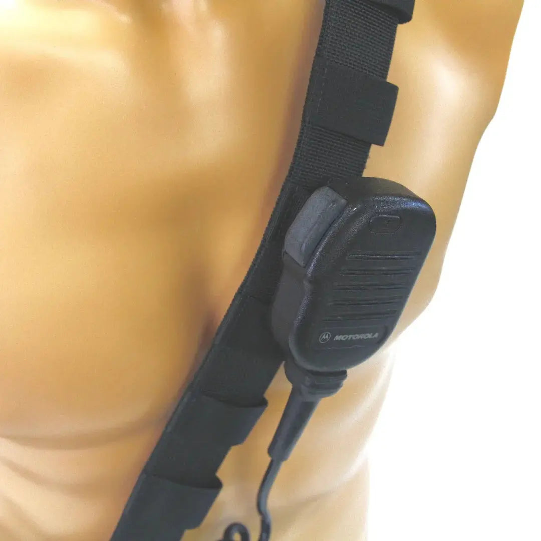 Black Motorola speaker mic attached to a firefighter radio strap