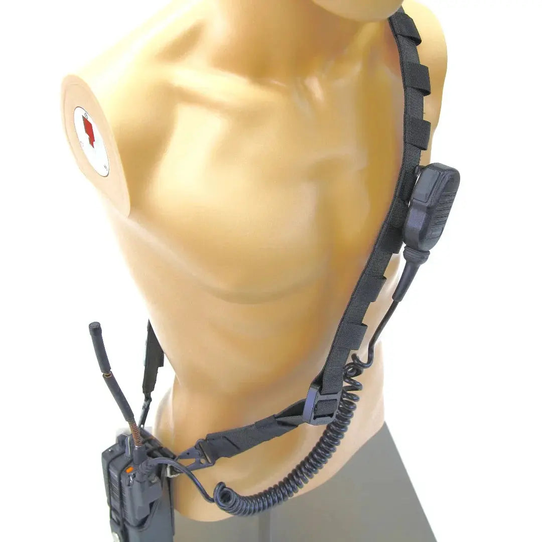 Nylon firefighter radio strap with speaker mic worn on a mannequin