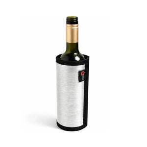 Firehose wine bottle cover made of silver textured material with black trim.