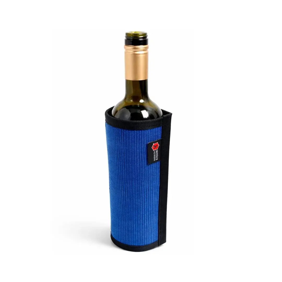 Blue firehose wine bottle cover with gold foil cap