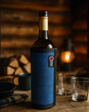 Blue firehose wine bottle cover made from recycled firefighter gear