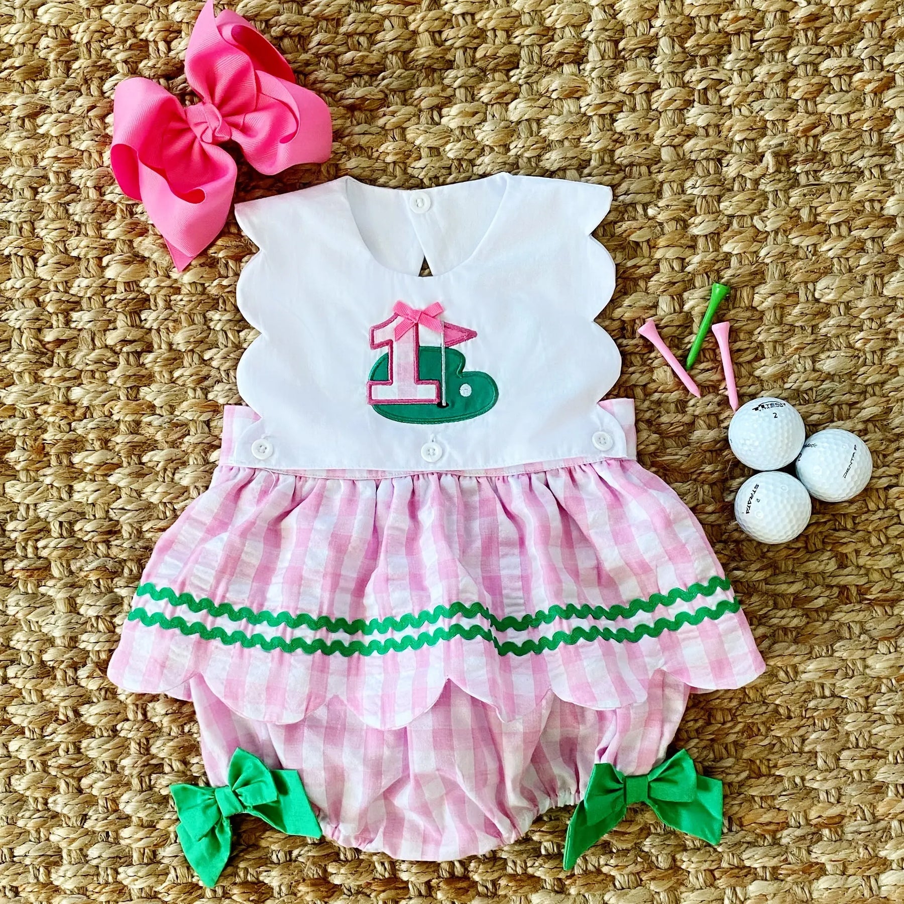 First Birthday Golf Bubble for Girls – Reversible Pink Gingham Skirted Bubble Outfit Seven Lantern Lane