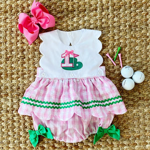 First Birthday Golf Bubble for Girls – Reversible Pink Gingham Skirted Bubble Outfit Seven Lantern Lane