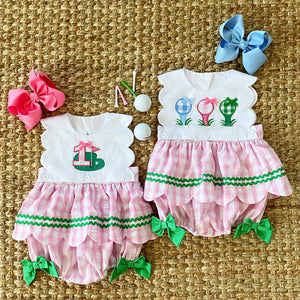 First Birthday Golf Bubble for Girls – Reversible Pink Gingham Skirted Bubble Outfit Seven Lantern Lane