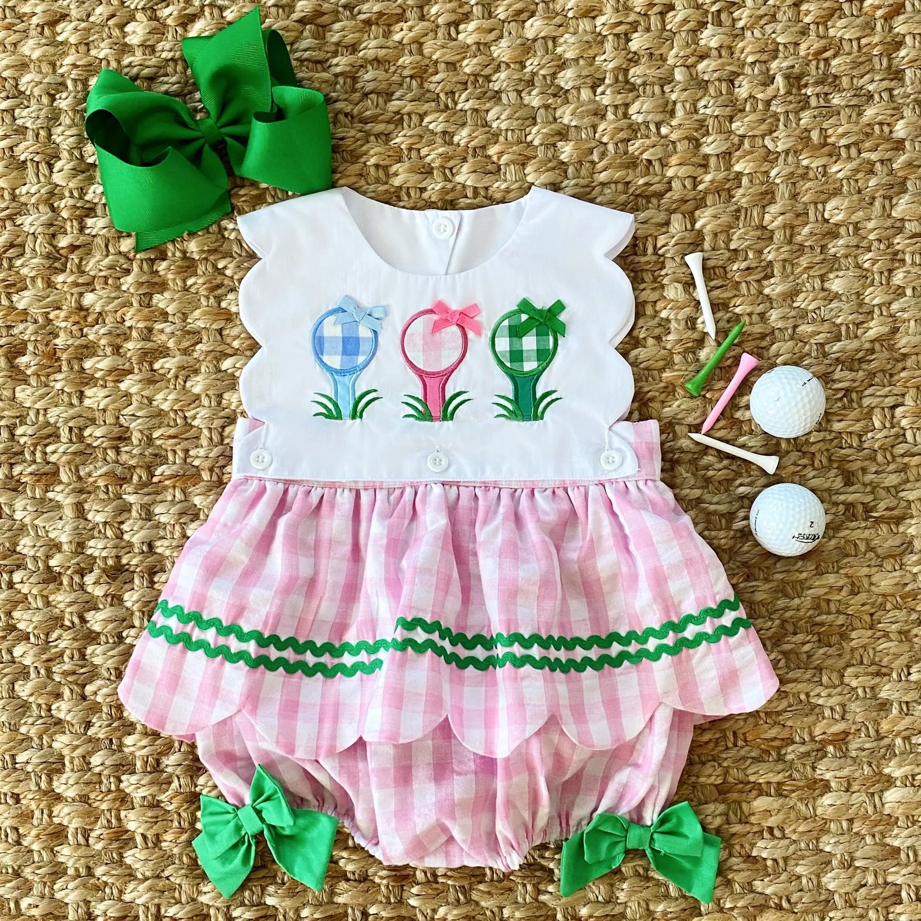 First Birthday Golf Bubble for Girls – Reversible Pink Gingham Skirted Bubble Outfit Seven Lantern Lane