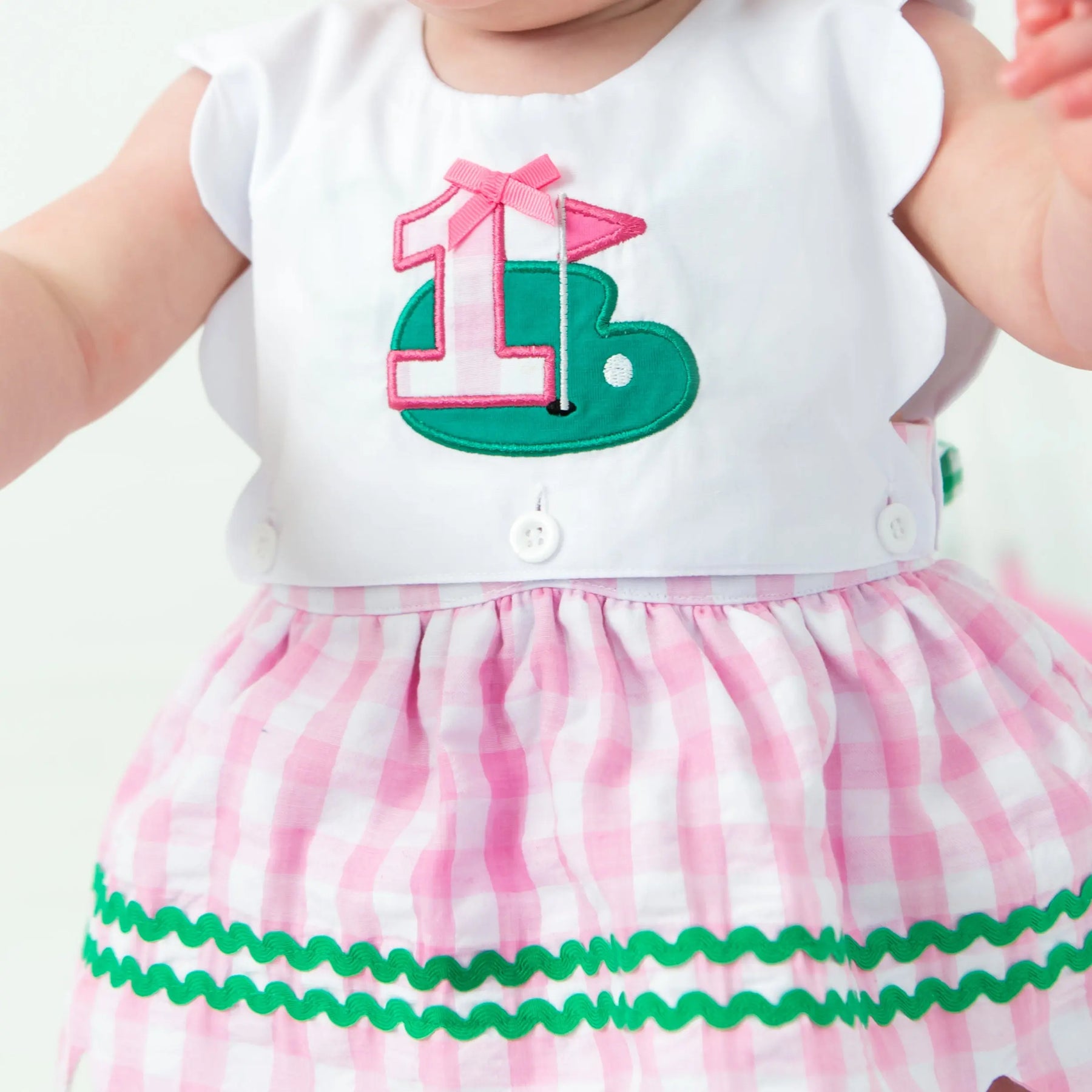 First Birthday Golf Bubble for Girls – Reversible Pink Gingham Skirted Bubble Outfit Seven Lantern Lane