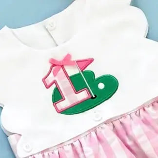 First Birthday Golf Bubble for Girls – Reversible Pink Gingham Skirted Bubble Outfit Seven Lantern Lane
