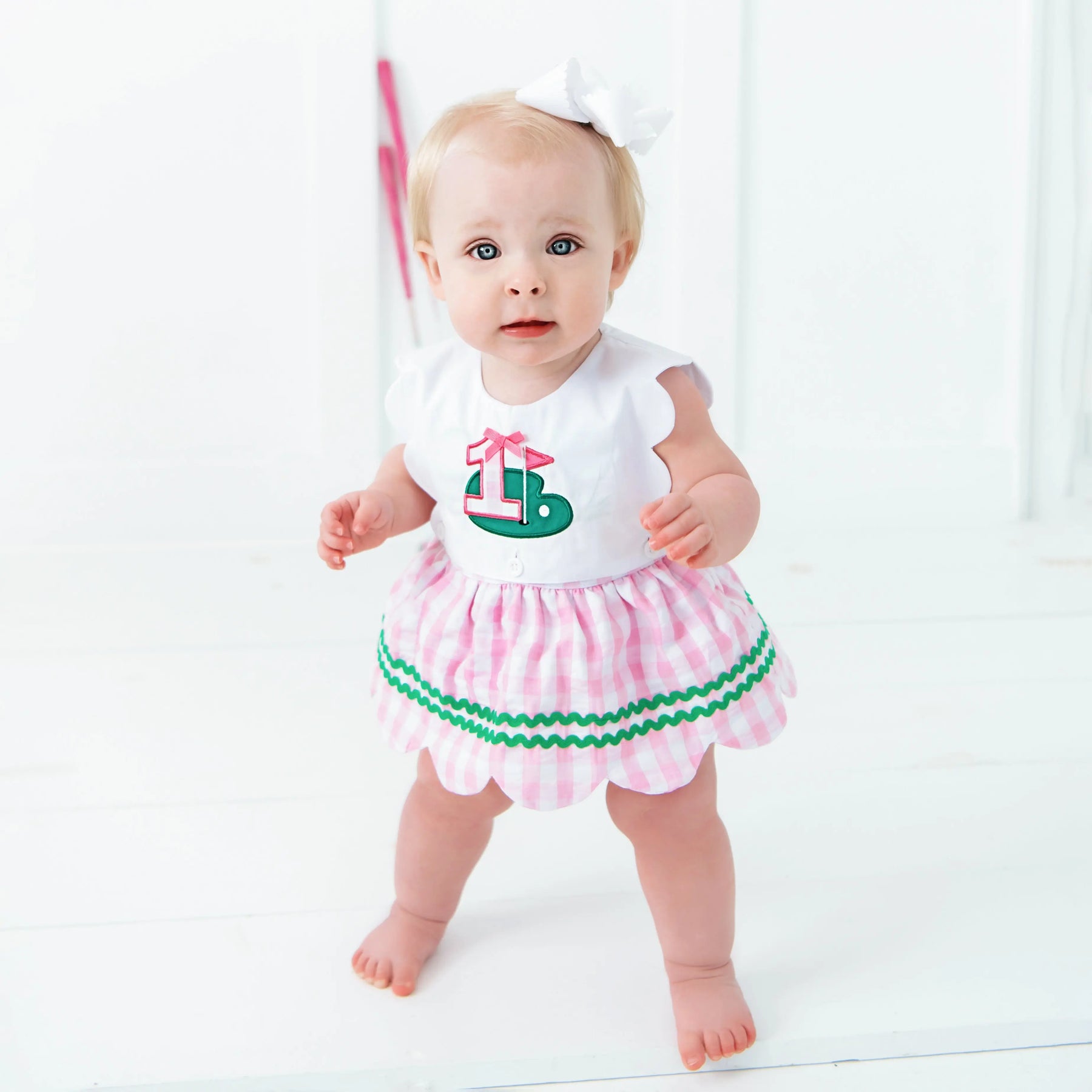 First Birthday Golf Bubble for Girls – Reversible Pink Gingham Skirted Bubble Outfit Seven Lantern Lane