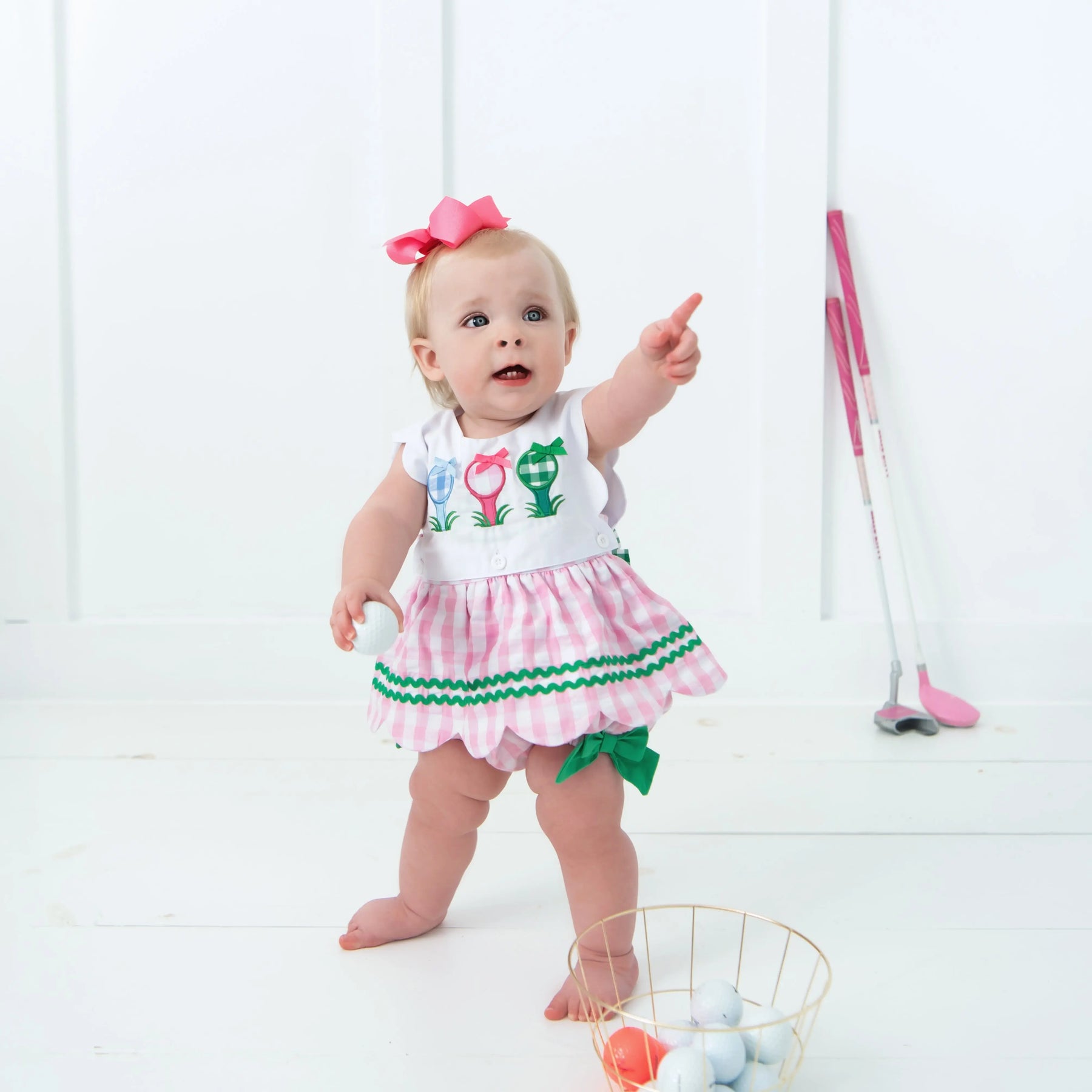 First Birthday Golf Bubble for Girls – Reversible Pink Gingham Skirted Bubble Outfit Seven Lantern Lane