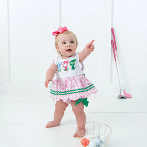First Birthday Golf Bubble for Girls – Reversible Pink Gingham Skirted Bubble Outfit Seven Lantern Lane