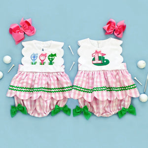 First Birthday Golf Bubble for Girls – Reversible Pink Gingham Skirted Bubble Outfit Seven Lantern Lane