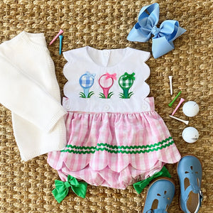 First Birthday Golf Bubble for Girls – Reversible Pink Gingham Skirted Bubble Outfit Seven Lantern Lane