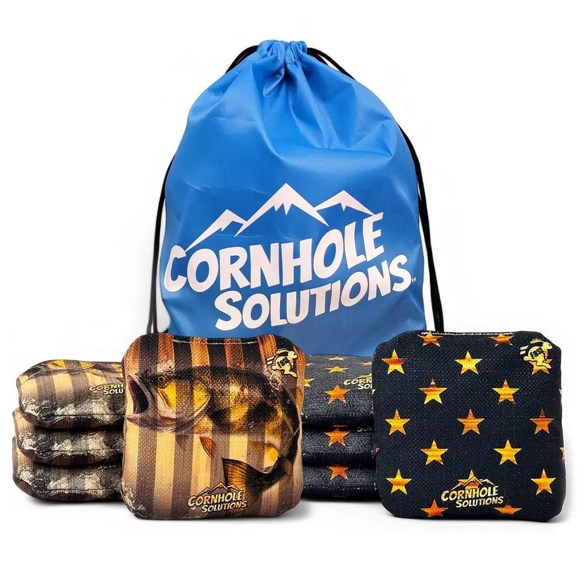 Fish/Rustic Stars - Pro Style REC Cornhole Bags – Regulation 6"x6" – Full Set of 8 by Cornhole Solutions, custom cornhole board main product photo