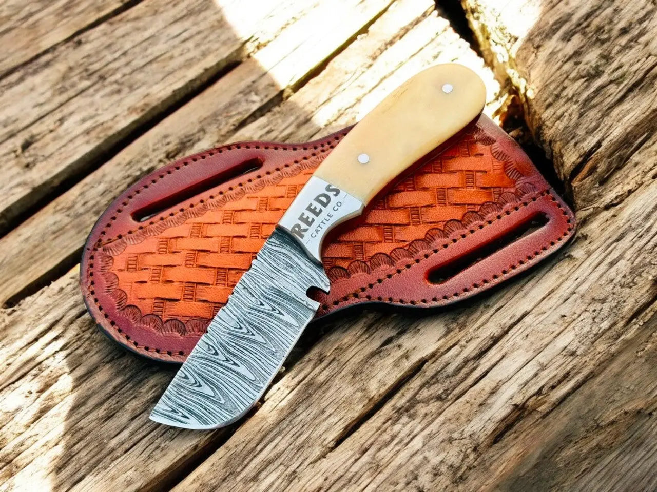 Fixed Blade Skinning Knife – 3" Damascus Blade with Deer Bone Handle by Damascus Knife Store, Damascus knife main product photo