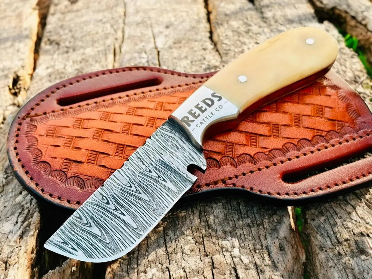 Fixed Blade Skinning Knife – 3" Damascus Blade with Deer Bone Handle by Damascus Knife Store, Damascus knife detail photo 2