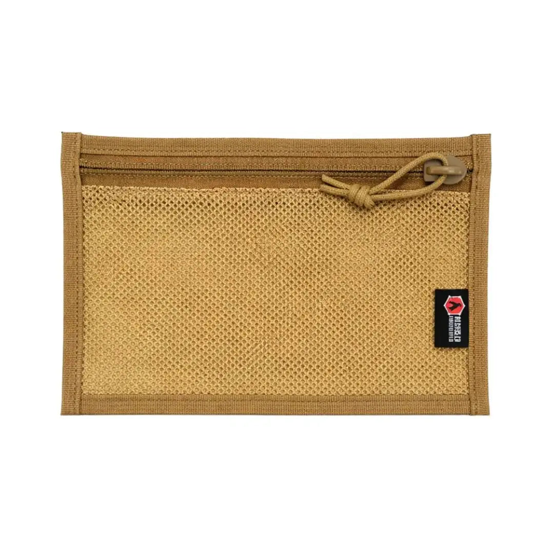 Tan flat EDC pouch with mesh front pocket and zipper.