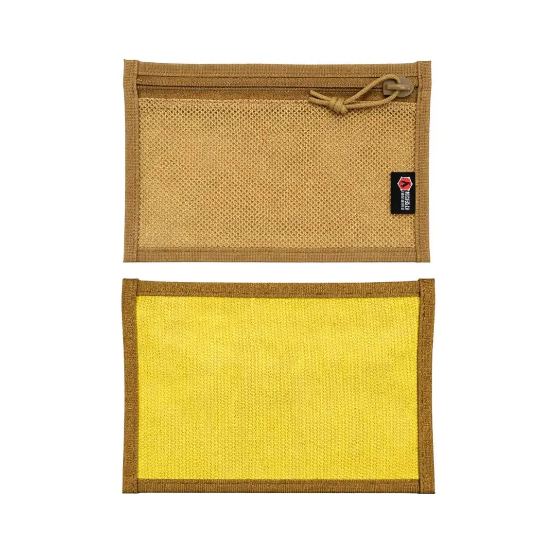 Two flat pouches, one tan mesh and one yellow fabric, with brown trim.