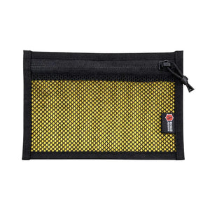 Black and yellow mesh flat EDC pouch with zipper closure and black trim.