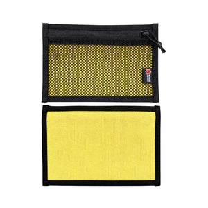 Yellow mesh and canvas flat pouch with black trim and zipper.