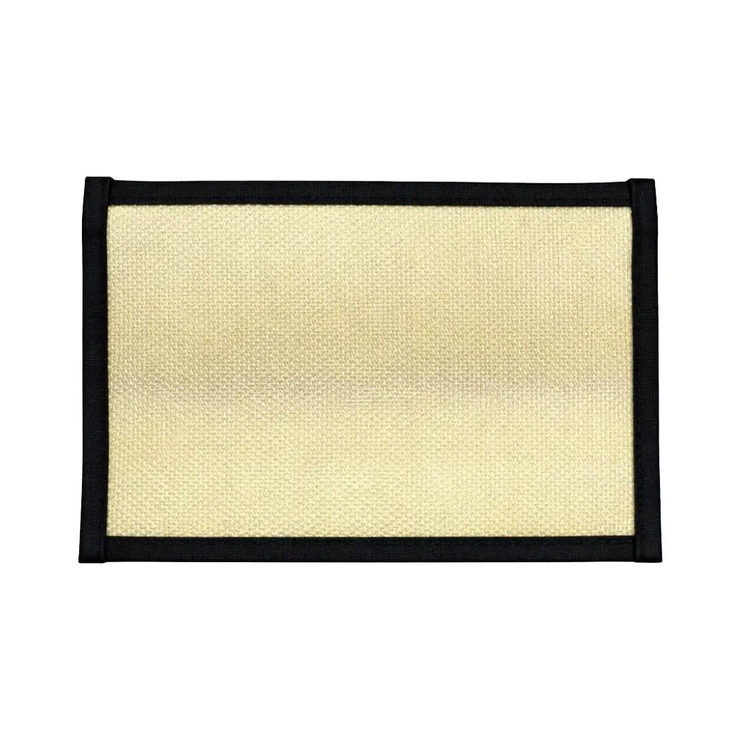 Rectangular light tan woven pouch with black binding.