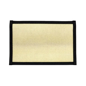 Rectangular light tan woven pouch with black binding.