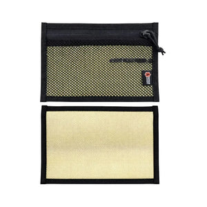 Flat EDC pouch made from yellow fire hose material with a mesh front.