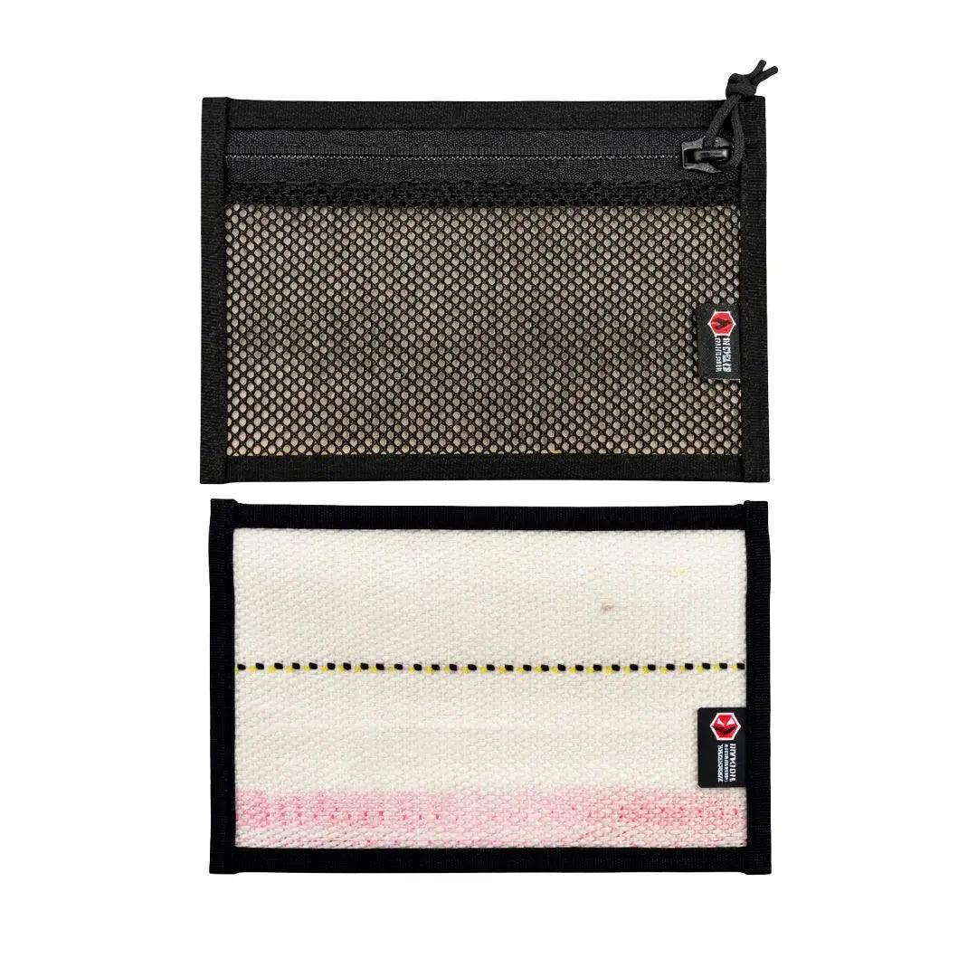 Two flat pouches, one black mesh and one striped fabric, with brand logos.