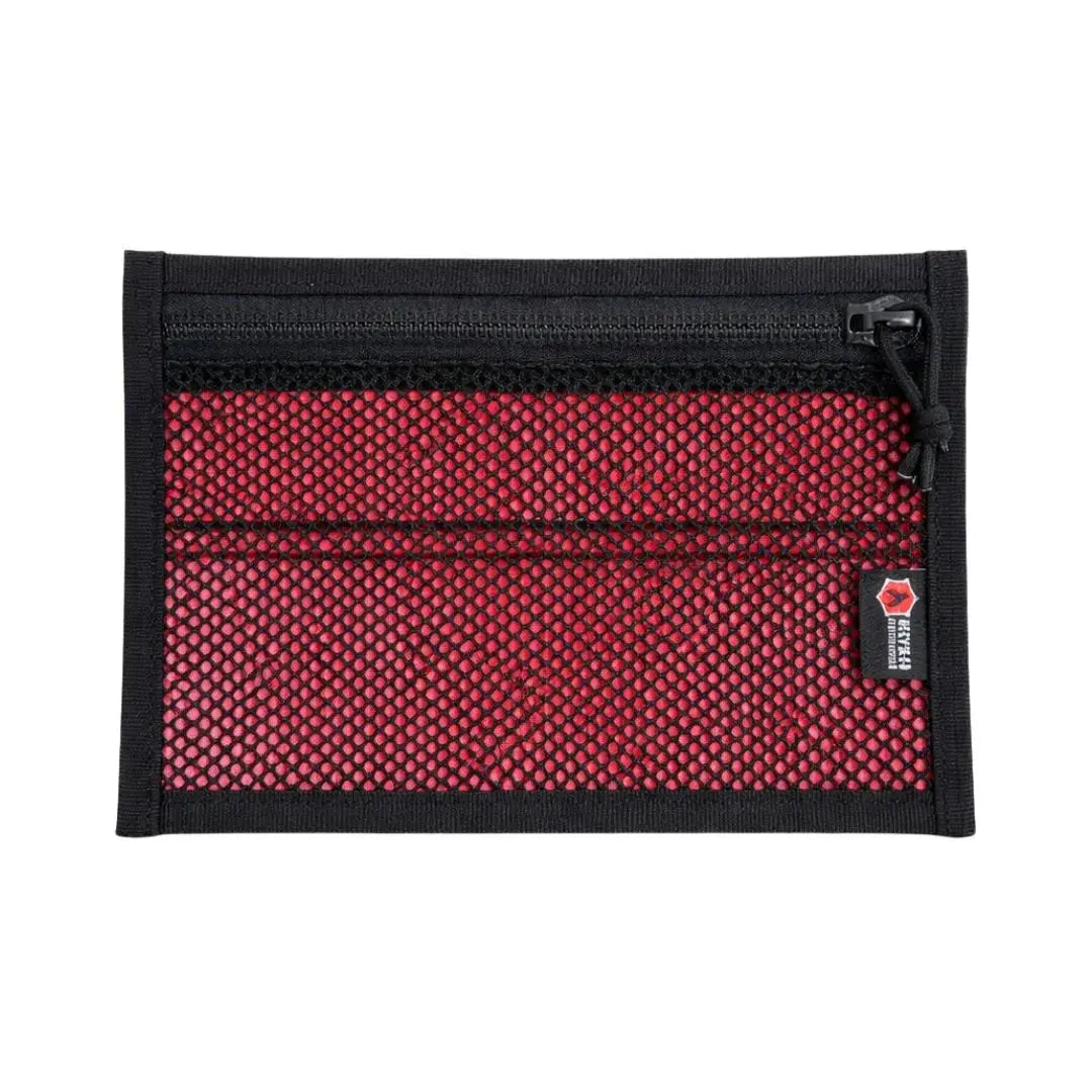 Flat EDC pouch with red mesh fabric and a black zipper.