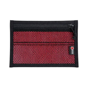 Flat EDC pouch with red mesh fabric and a black zipper.