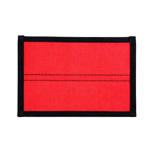 Red fire hose EDC pouch with black trim and stitching