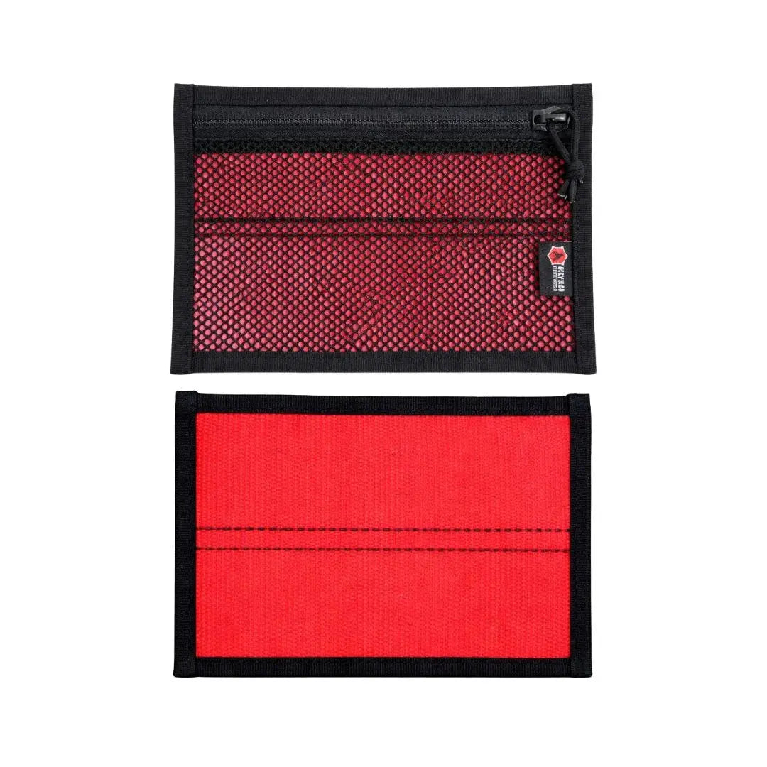 Two red and black zippered pouches, one with a mesh front.