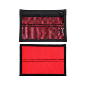 Two red and black zippered pouches, one with a mesh front.