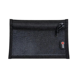 Black mesh EDC pouch with zipper closure and fire hose edition tag.