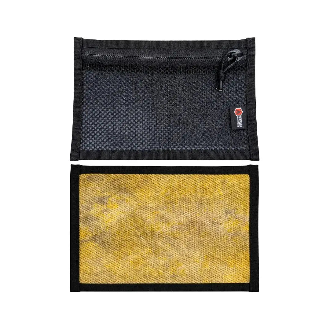 Black mesh EDC pouch with a yellow textured insert and a red logo.