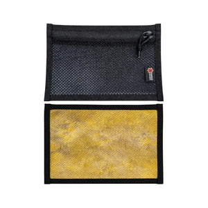 Black mesh EDC pouch with a yellow textured insert and a red logo.