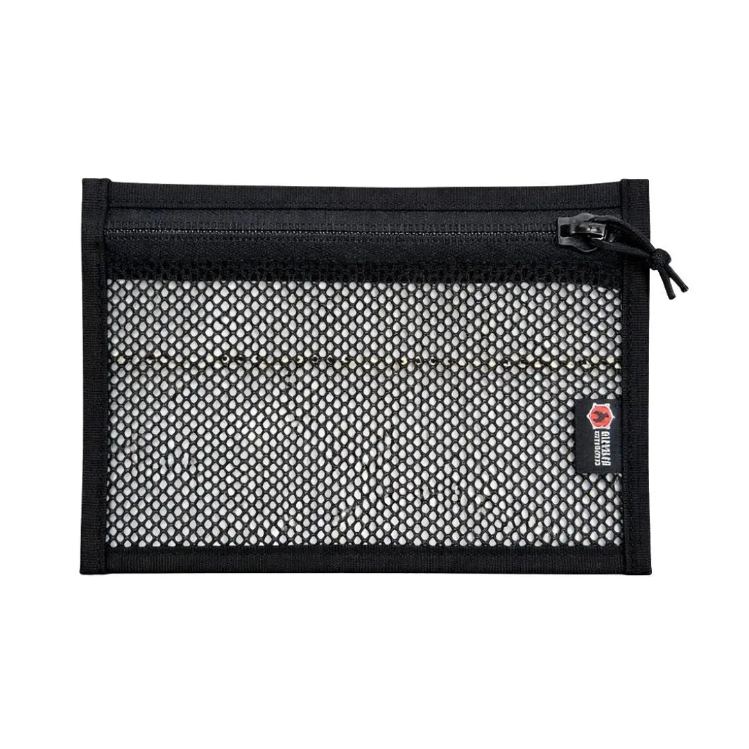 Black flat storage pouch with mesh front and zipper.