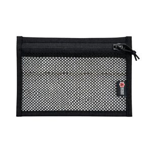 Black flat storage pouch with mesh front and zipper.