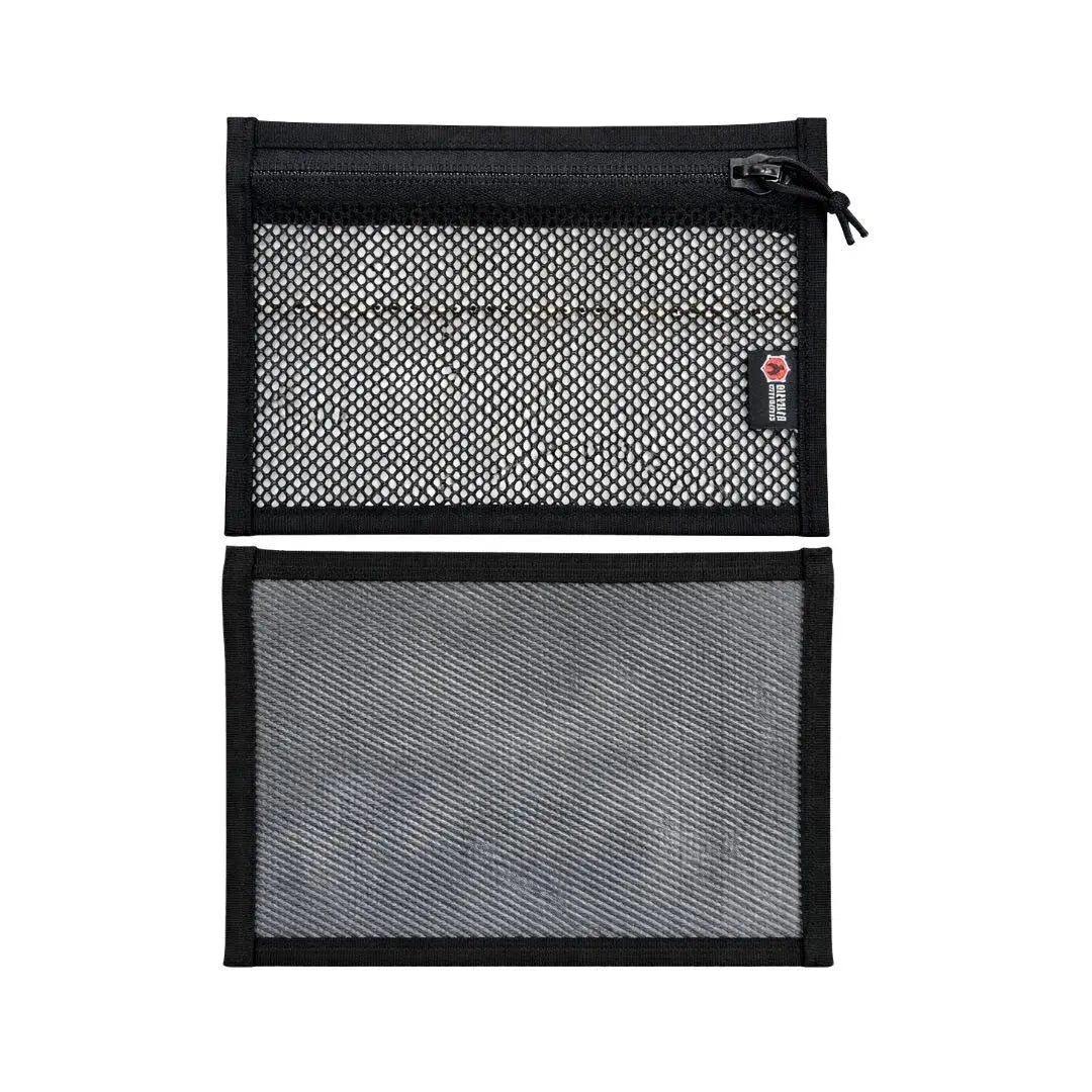 Black mesh pouch with zipper closure made from repurposed fire hose.