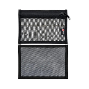 Black mesh pouch with zipper closure made from repurposed fire hose.