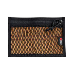 Black mesh pouch with red thread detail and zipper closure.