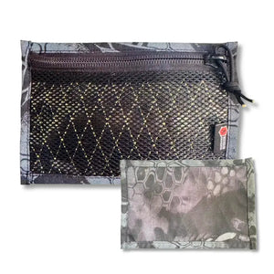 Flat EDC pouch with mesh front panel and camouflage pattern