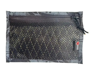 Flat black mesh pouch with zippered top and patterned trim.