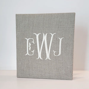 Flax linen handmade baby memory book with ivory monogram by AP Creations