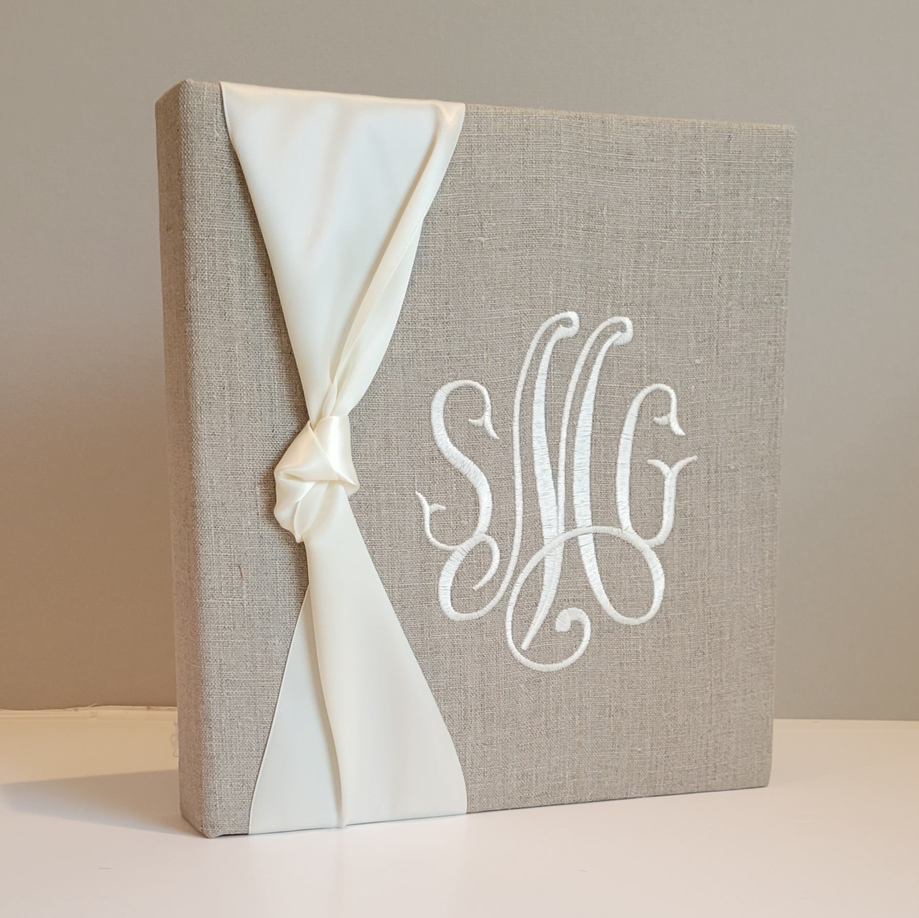 Flax linen handmade baby memory book with satin bow by AP Creations