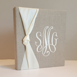 Flax linen handmade baby memory book with satin bow by AP Creations