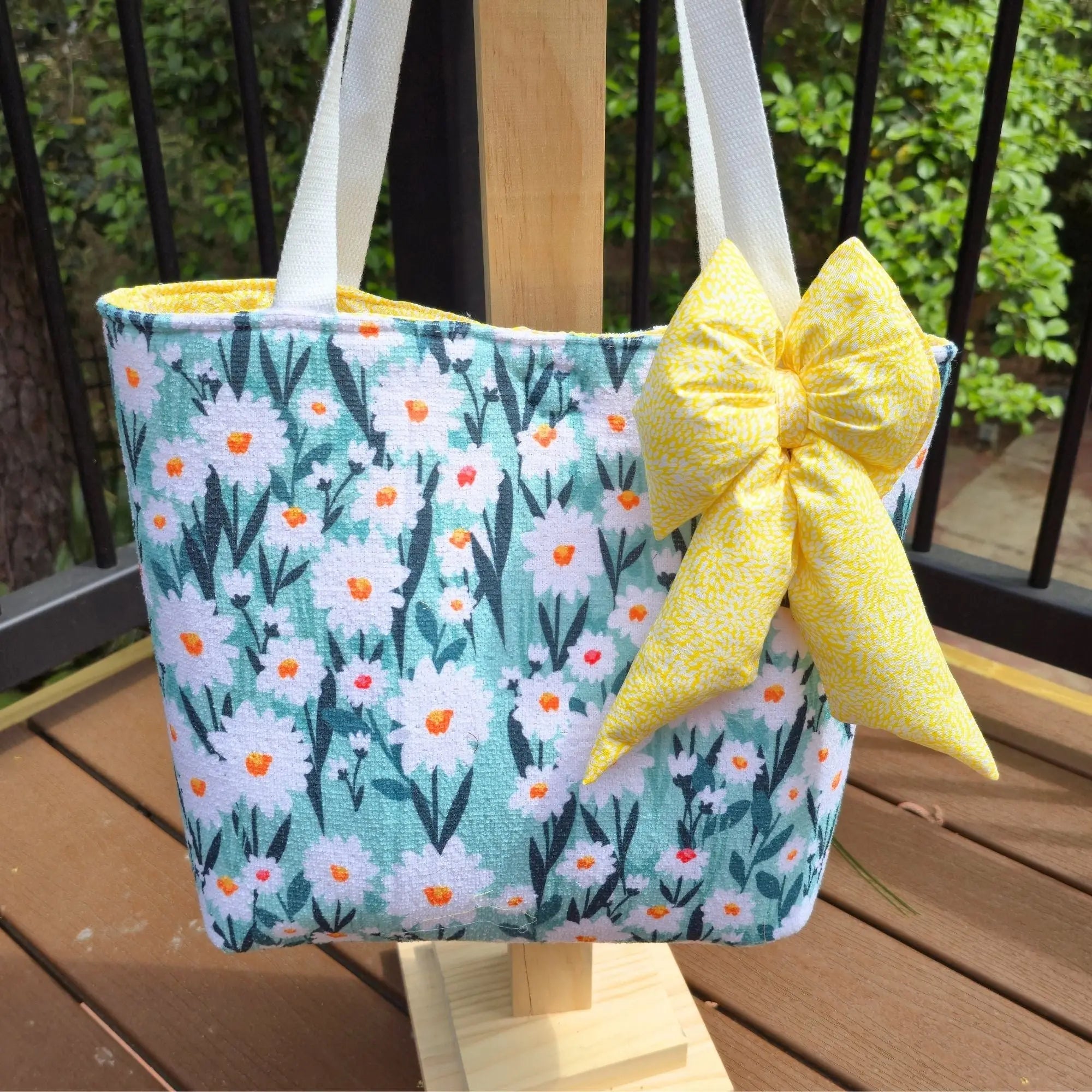 Floral Tote Bag with Bow Charm, Large Handmade Shoulder Bag, Cotton Lined Tote with Pockets by Maypop House Designs, handmade leather goods main product photo