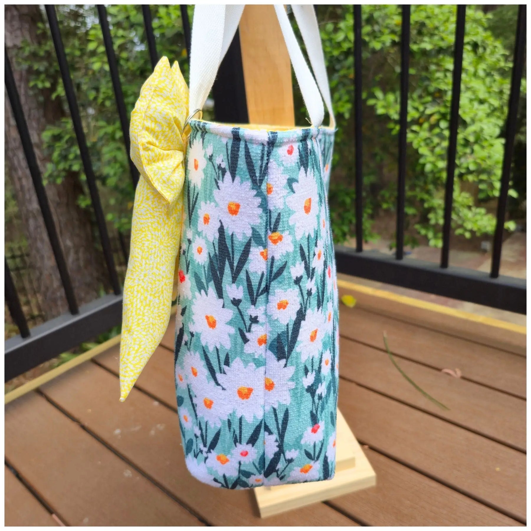 Floral Tote Bag with Bow Charm, Large Handmade Shoulder Bag, Cotton Lined Tote with Pockets by Maypop House Designs, handmade leather goods detail photo 4